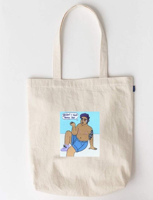 "Gender? I don't know her" -kangasmerkki