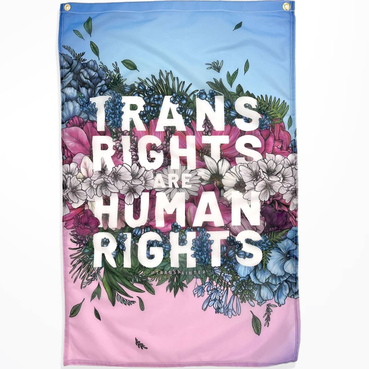 "Trans rights are human rights" Trans Pride lippu taideprintillä